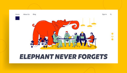 Obraz na płótnie Canvas Unsolved and Avoided Problems Landing Page Template. Huge Red Elephant Trumpet in Modern Office with Business People Characters Sitting at Board Meeting Having Conversation. Linear Vector Illustration