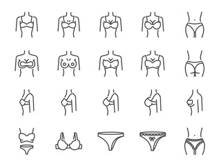 Brassiere line icon set. Included the icons as bra, sport bra, cup sizes, lingerie, underwear, silicone pad, nipple sticker and more.