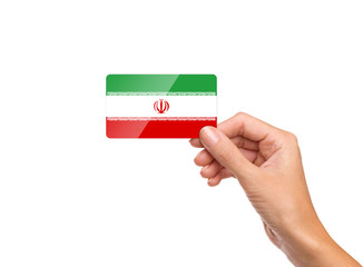 Beautiful hand holding Iran flag card on white background