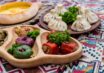 Georgian cuisine food set. Georgian restaurant. Restaurant background.