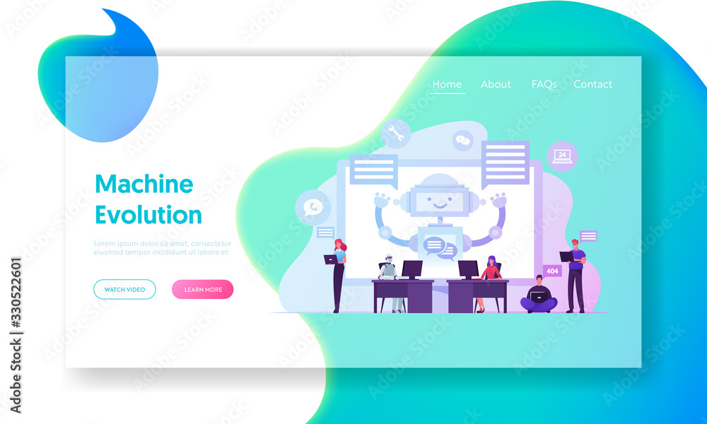 Aufkleber robot work on laptop help customers landing page template. ai chatbot faq support, innovation, artif