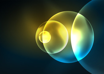Glowing neon shiny transparent bubbles, glass circles or bio cell concept. Techno futuristic vector abstract background For Wallpaper, Banner, Background, Card, Book Illustration, landing page