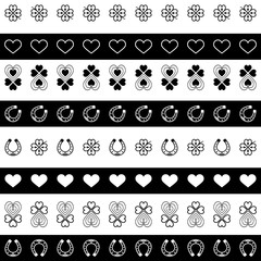 Patrick's Day Ribbon Black and White Set. Vector illustration of Seamless borders. Clover leaves, horseshoe, heart. Striped elements isolated. For holiday design, greetings, postcards, prints and more