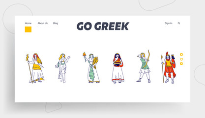 Obraz na płótnie Canvas Antique Greek Olympic Goddess Characters Landing Page Template. Hera, Juno and Athena or Minerva, Demeter, Ceres and Aphrodite or Venus, Hestia, Vesta and Artemis or Diana. Linear Vector Illustration