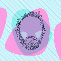 Sketch of man's head with no face, with beard and colored cheeks on aqua menthe and pink color abstract streamlined shapes on diagonal striped square background, Vector sketch, Hand drawn illustration