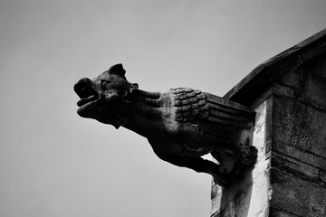 demonic gargoyle sculpture on European cathedral 
