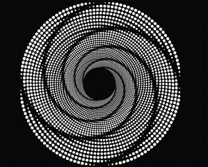 Abstract halftone dots in spiral form. Geometric dotted shape. Monochrome background. Design element for prints, web pages, template