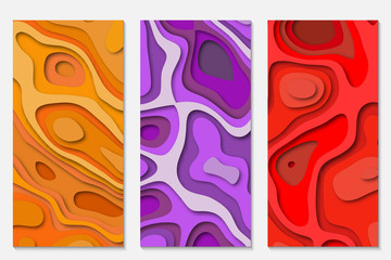 Set of vertical banners templates with 3D abstract background and paper cut shapes. Red, orange and purple design layout for business presentations, flyers, posters and invitations. Colorful art.