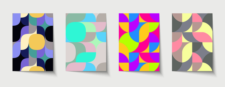 Retro graphic design covers in neon and holographic colors. Set of cool vintage shape compositions.