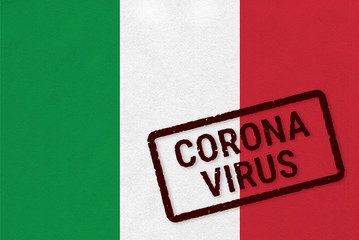 Flag of Italy on paper texture with stamp, banner of Coronavirus name on it. 2019 - 2020 Novel Coronavirus (2019-nCoV) concept, for an outbreak occurs in the Italy.