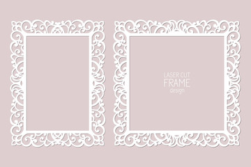 Laser cut paper lace frames, vector template. Ornamental cutout photo frame with pattern. Abstract vintage background. Element for wedding invitation and greeting card.