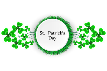 Beautiful trendy round frame with green leaf clover. Greeting or invitation card with stylized clover for St. Patricks day. Stylish modern background, place for text. Vector illustration