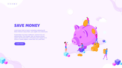 Trendy flat illustration. Banking service page concept. Deposit. Piggy bank. Bank team. Bank operations. Money saving. Coins. Template for your design works. Vector graphics.