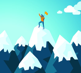 Trendy flat illustration. Winner man on mountain peak. Victory symbol. Competition. Goal achievement. Mountain landscape. Template for your design works. Vector graphics.