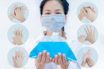 woman wearing hygienic protective mask holding alcohol sanitizer gel standing with copy space ,daily protection from corona virus or COVID-19 concept. Hand washing medical procedure step by step.
