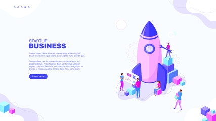 Trendy flat illustration. Startup business page concept. Сooperation of people who implement the joint idea. Rocket launch preparation. Template for your design works. Vector graphics.