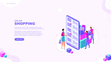 Trendy flat illustration. Online shopping page concept. Mobile shopping. Store team. Globalisation. Gift for purchase. Cash back. Bonus. Template for your design works. Vector graphics.