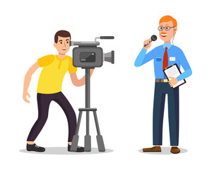 Reporter Speak into Microphone. Videographer with Camera. Video Filming on Street. White Background. Man Make Video and Reporter with Notepad. Microphone in Hand. Watch Camcorder. Vector Illustration.