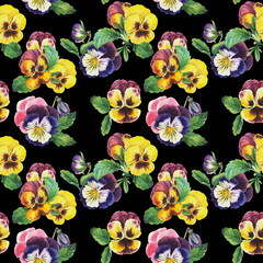 Beautiful seamless floral pattern, pansy flowers, watercolor painting, botanical drawing. Stock illustration. Fabric wallpaper print texture.