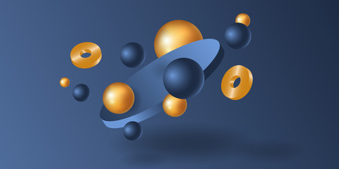 Dark blue abstract background 3D. Golden and blue weightless spheres. Wallpaper with geometric figures. Modern vector illustration. Design for card, brochure, cover, banner, booklet, web site. Stock.