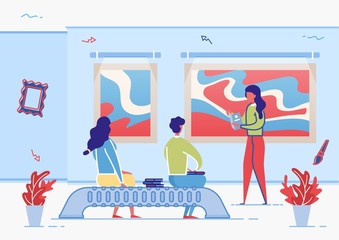 Couple Sitting on Bench, Woman at Paintings Exhibition in Modern Art Gallery Hall Flat Cartoon Vector Illustration. People Visitor Characters Watching Pictures Hanging on Walls. Artworks Collection.