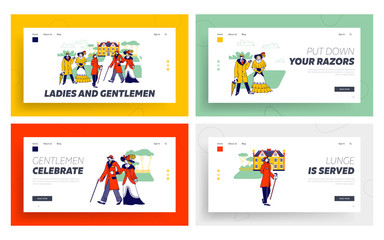 Fototapeta na wymiar Old Fashioned Male and Female Characters in Vintage Clothes Landing Page Template Set. Antique Men and Women Ladies and Gentlemen Walking, Acress and Actor Vintage Movie. Linear Vector Illustration