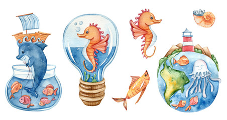 Watercolor cute fantasy sea horse, dolphin, jelly fish set. Fairytale Illustration on white background, perfect for pattern, print, fabric, greeting card, wedding invitation, scrapbooking © Tiana_Geo
