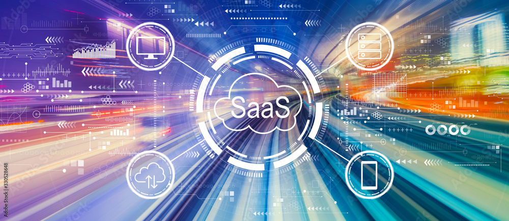 Poster saas - software as a service concept with abstract high speed technology pov motion blur
