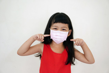  A cute girl wearing a surgical mask and using both index fingers to point to the mask, on a white background.