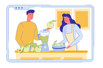 Couple Mixing Healthy Green Vegetables Shake or Smoothie. Smartphone or Tablet Screen with Man and Woman Cartoon Characters Monitor or Control Weight and Nutrition. Trendy Flat Vector Illustration.