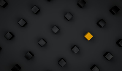 Futuristic background of black cubes suspended in air with one yellow cube in the middle