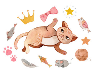 Hand painted watercolor composition with cute playing cat 