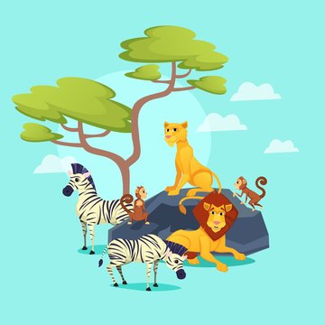 Zoo, African Animals on Nature Background, Lion King with Beautiful Mane, Lioness Sitting on Rock, Grazing Zebras Herd, Apes, Predators and Herbivorous, Wildlife, Cartoon Flat Vector Illustration