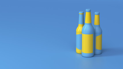 3d render of three blue beer bottles with a yellow label on a blue background.