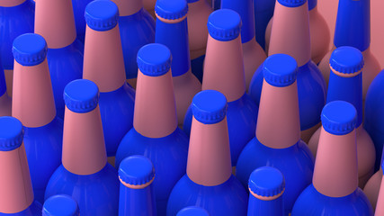 3d render of an array of blue beer bottles with a pink label on a dark background