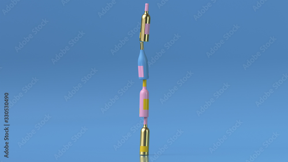Poster 3d render of a column of colorful wine bottles with a label on a blue background.
