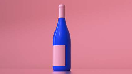 3d render of one blue wine bottles with a pink label on a pink background.