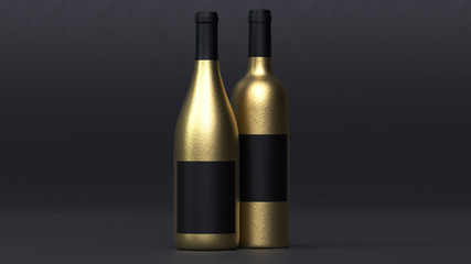 3d render of two gold wine bottles with a black label on a black background.