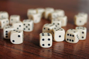 White dice, lie on a dark brown table. Random order. Empty place in front. Back and side plan blurred.