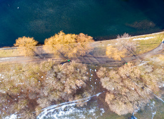 Aerial top down view on city recreation park