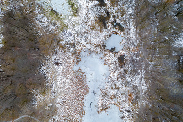 Aerial top down view winter landscape