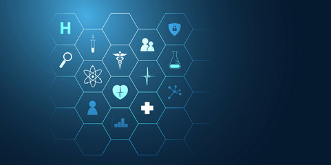 icone, mediche, farmaceutica, struttura esagonale, salute	