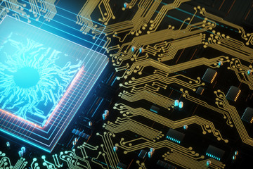 3D render CPU Technological background. Concept circuit board with computer central processing unit. Digital Chip Integrated Communication Processor. Copy space.