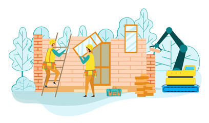 Construction of Turnkey Country Houses Service. Group of Engineers in Working Robe and Helmets with Building Equipment Tools. Carpenter Repairman, Builder, Home Master Cartoon Flat Vector Illustration