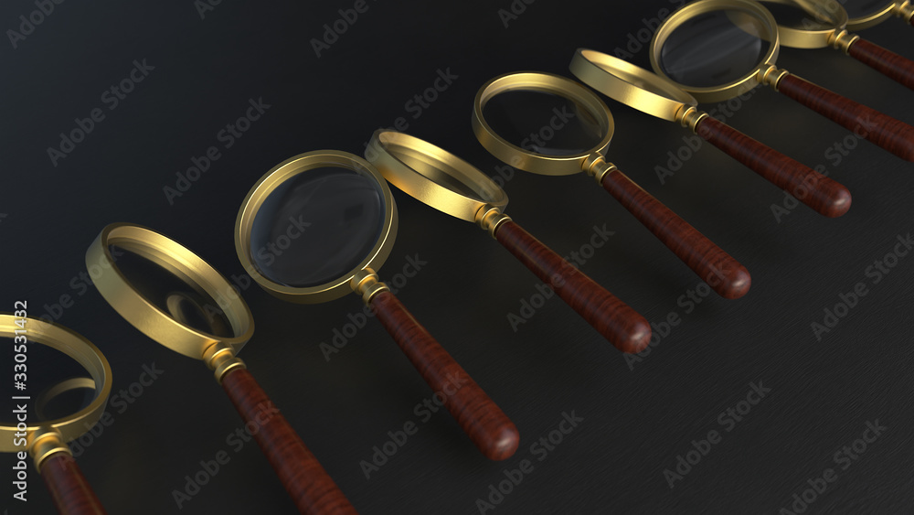 Aufkleber 3d render of a line gold magnifying glass on a black background with depth of field.