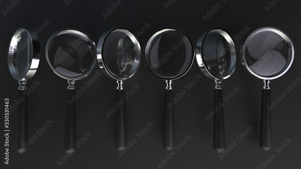 Poster 3d render of a line chrome magnifying glass on a black background with depth of field