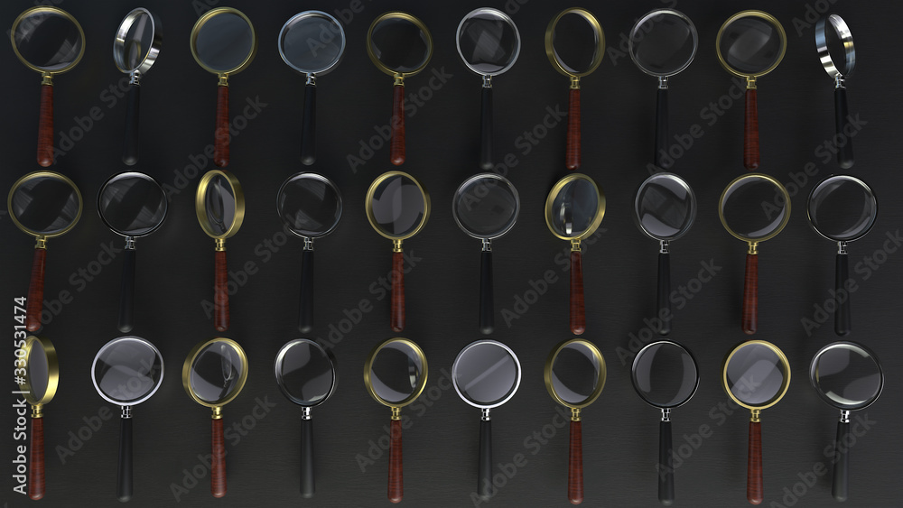 Poster 3d render of a grid chrome and gold magnifying glass on a black background with depth of field.