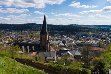 Fototapeta na wymiar Marburg. Germany. The old districts of the city from the height of the surrounding hills. District Oberstadt. Marburg is a university town in the German federal state (Bundesland) of Hessen.