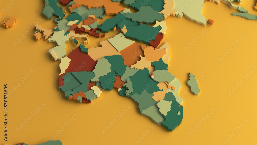 Poster 3d render of a colorful world map on a yellow background.