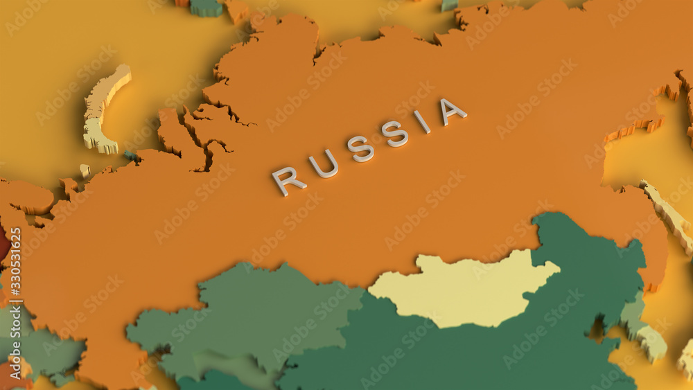 Poster 3d render of a colorful world map with a white country name of russia in the center on a yellow back